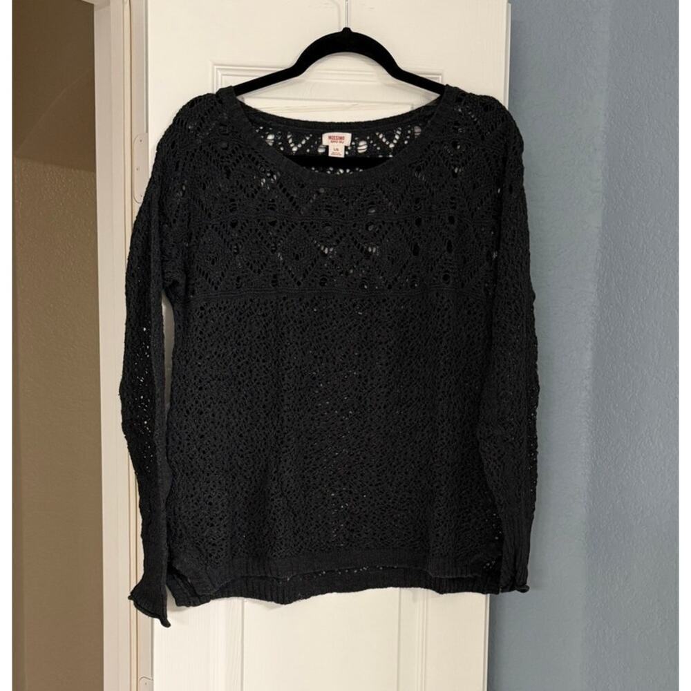 Chic Charcoal Grey Open Knit Cotton Sweater - Size Large